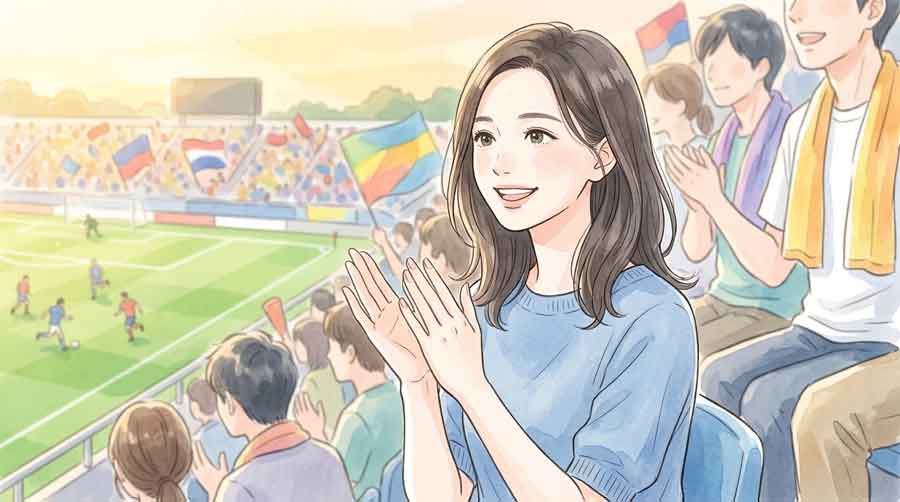 サッカー観戦をしながら笑顔で喜ぶ女性