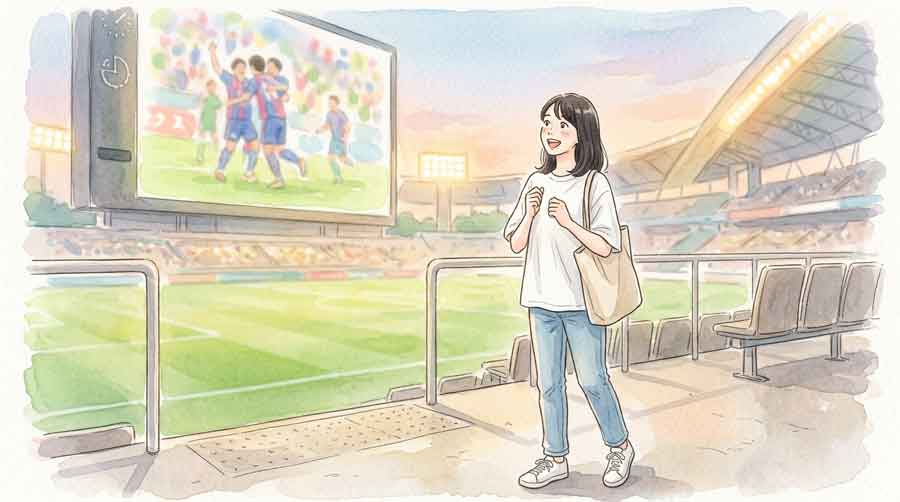 スタジアムのスクリーンを見上げて驚いた表情の日本人女性