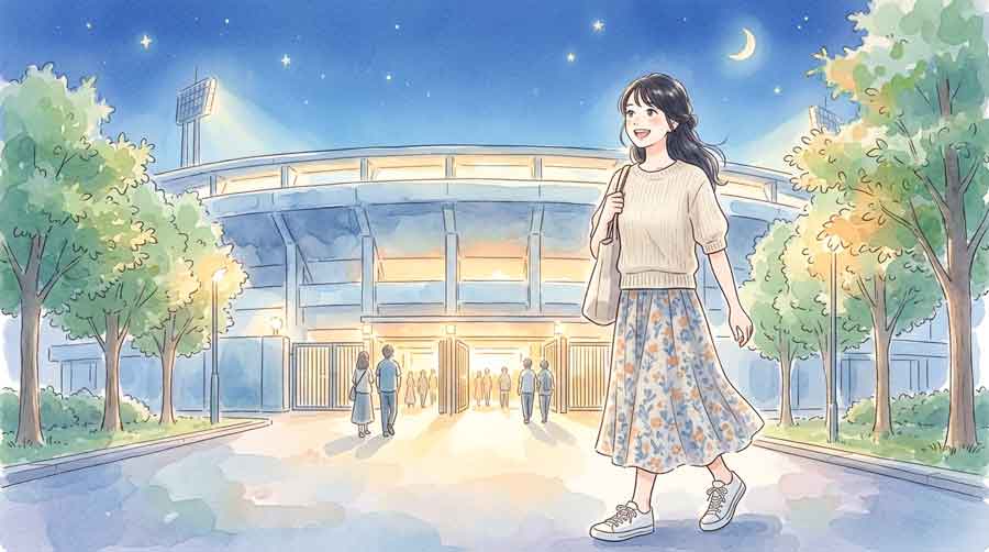スタジアムに向かって歩く日本代表サポーターのイラスト