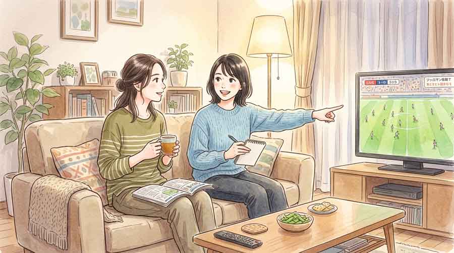 サッカー観戦しながら友人と話す女性たちのイラスト