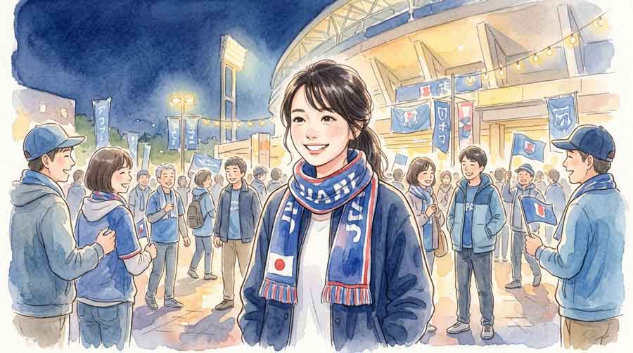 サッカーの試合後に喜ぶ女性サポーターたちのイラスト