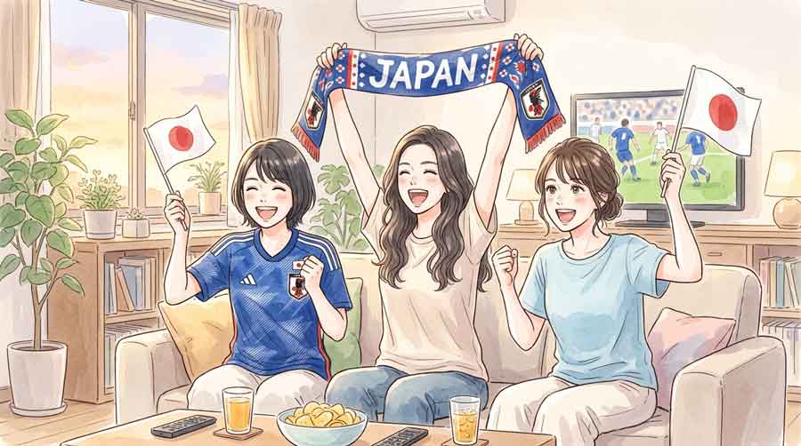  W杯の対戦表を見て嬉しそうに盛り上がる日本人女性たちのグループ観戦シーン