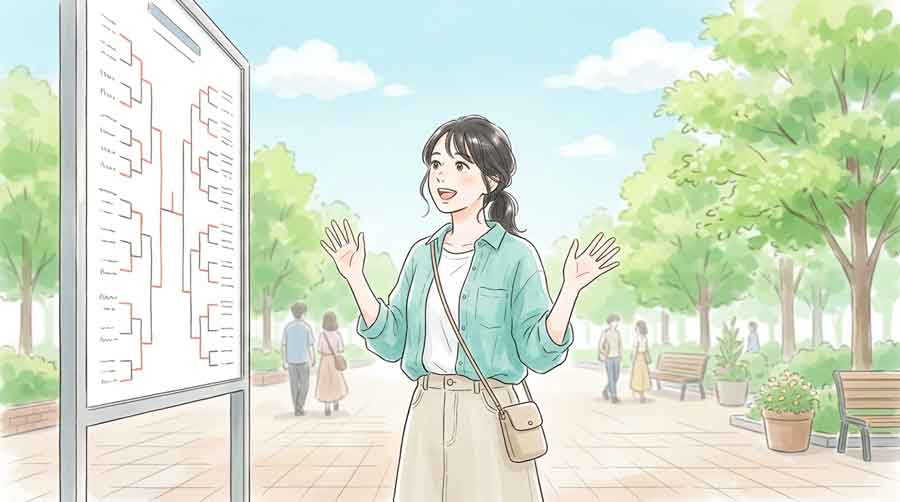  順位表を見て驚いた表情で立ち上がる日本人女性の後ろ姿、初夏の屋外