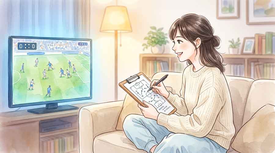 テレビ中継を見ながら試合結果を熱心にメモするスポーツ観戦好きの日本人女性