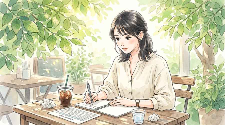 カフェのテーブルでノートにグループF順位表を書きながら状況を整理する若い女性