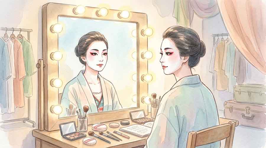 特殊メイクで変身した女優が鏡の前に立っているイラスト