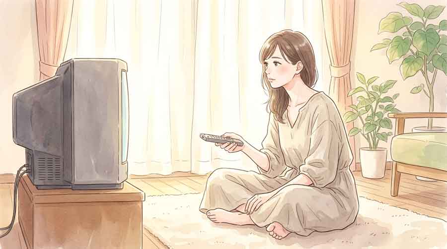 古いブラウン管テレビの前でリモコンを持って考え込む女性のイラスト