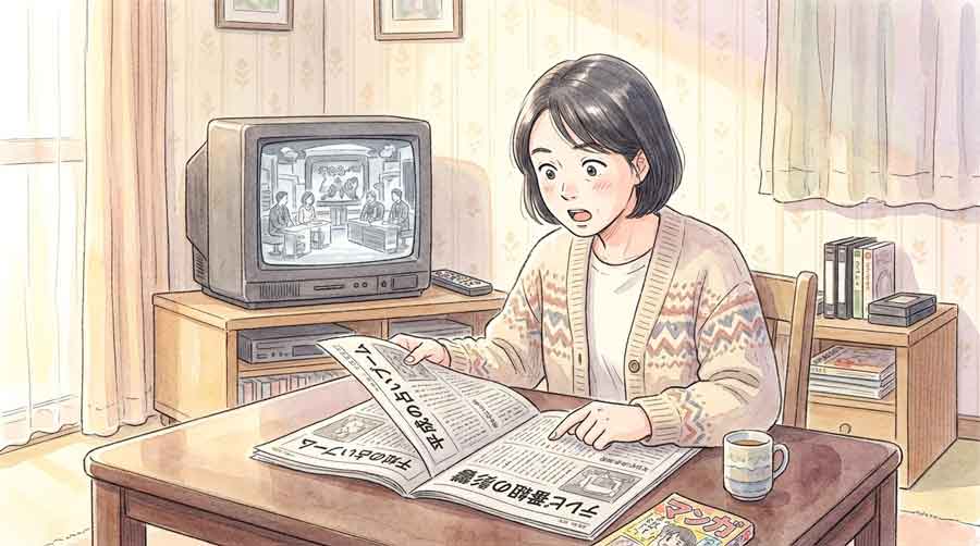 古いテレビの前で新聞を広げて驚いた表情の女性のイラスト