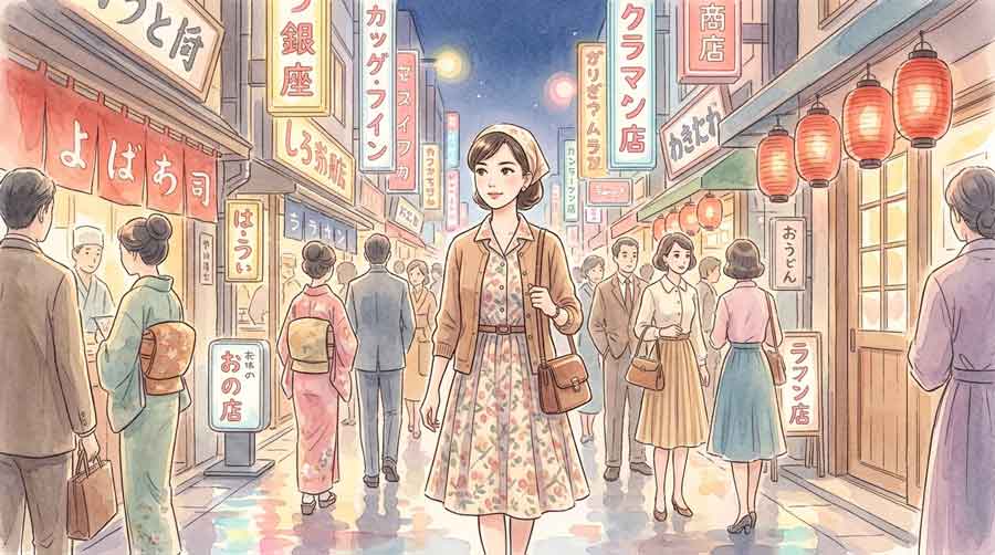 夜の銀座を颯爽と歩く和装の女性のイラスト