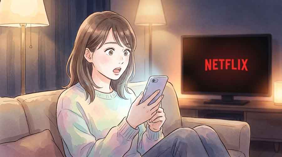 Netflixシリーズ地獄に堕ちるわよのポスターを見て驚く30代女性のイラスト
