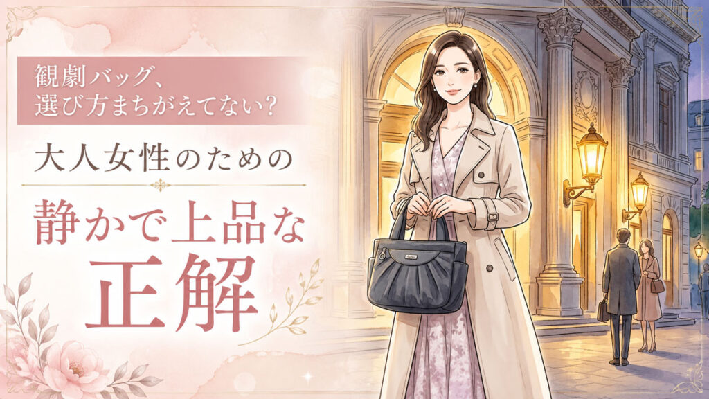 観劇前に上品なバッグを持ってミュージカル劇場の前に立つ日本人女性のイラスト