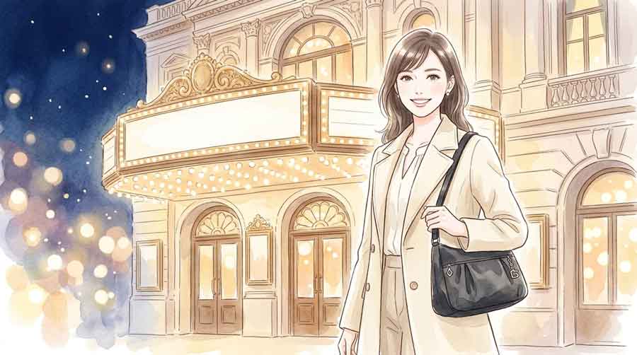 洗練されたナイロンバッグを持ってミュージカル劇場の外に立つ女性のイラスト。上品なコート姿