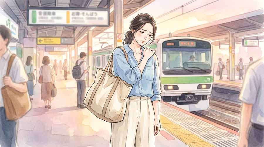重いバッグを持って肩をすくめる女性のイラスト。駅のホームで疲れた表情