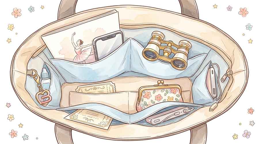 観劇用バッグの中が整理されている様子を上から見たイラスト。双眼鏡やパンフレットが整然と収まる