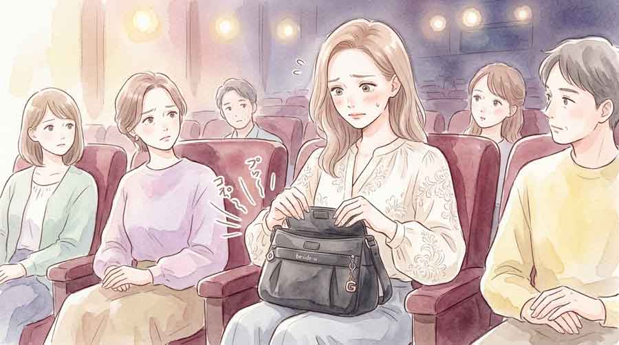 観劇中に音が出るバッグを持って困っている女性のイラスト。静かな劇場の暗い客席