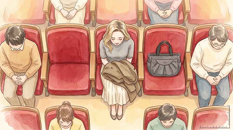 劇場の狭い座席間隔を俯瞰したイラスト。荷物に困る女性の様子