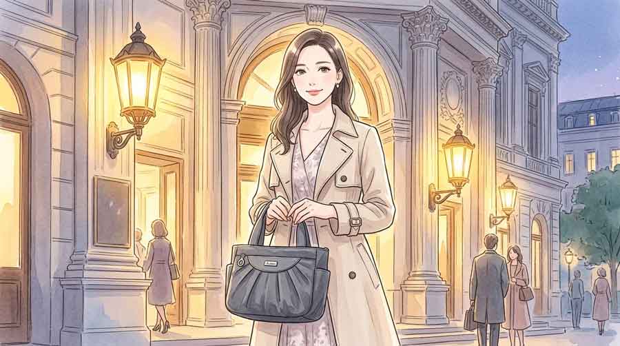 観劇前に上品なバッグを持ってミュージカル劇場の前に立つ日本人女性のイラスト