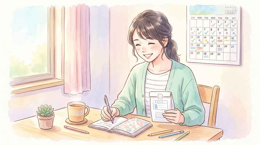 処方された薬を手に取り服用スケジュールを確認する女性のイラスト
