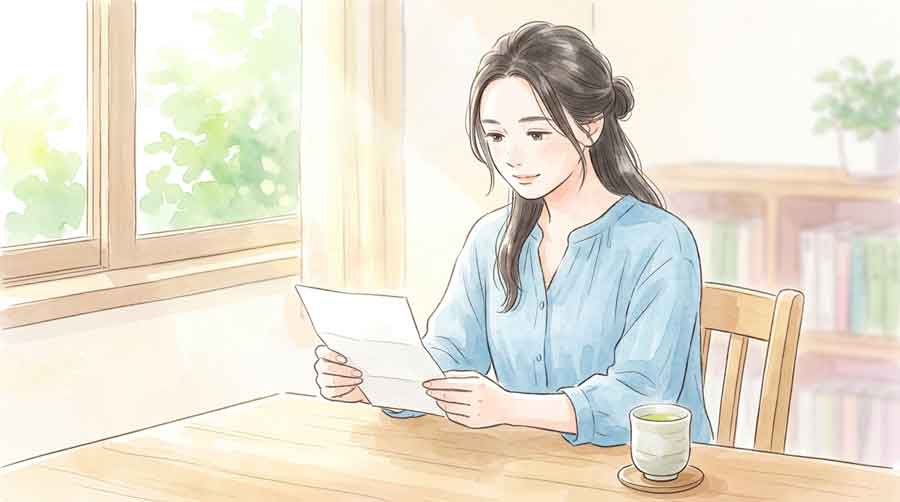 保健所から接触者健診の案内を受け取り確認する女性のイラスト
