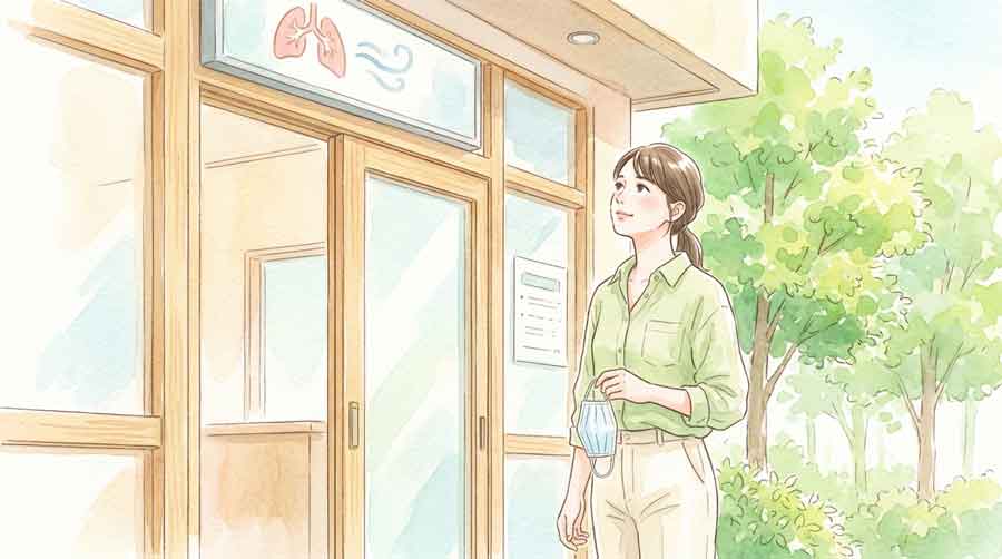 呼吸器内科の病院入口を確認してから入ろうとする女性のイラスト