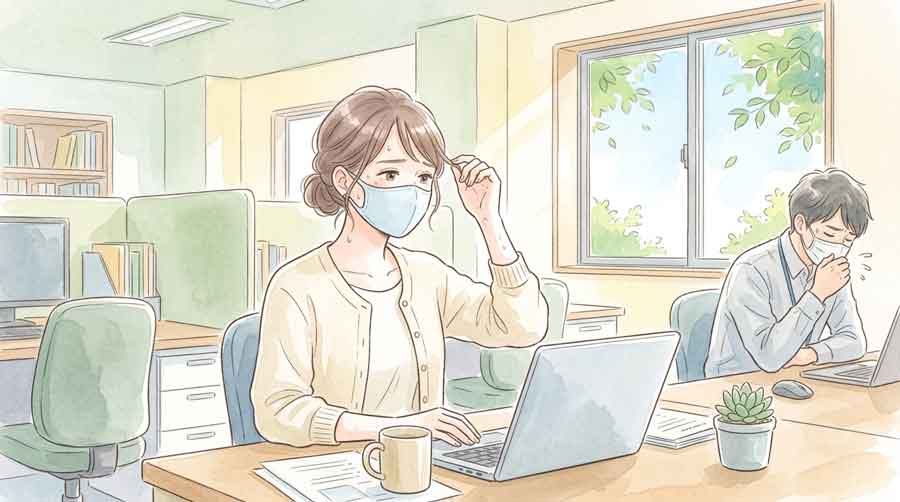 換気されていないオフィスで咳をする人とマスクをする同僚のイラスト