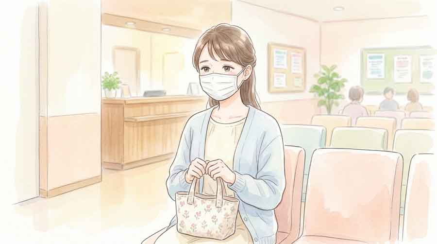 病院の待合室でマスクをしながら順番を待つ女性