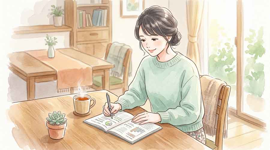 自宅のテーブルでノートに家計の見直しを書き込む女性