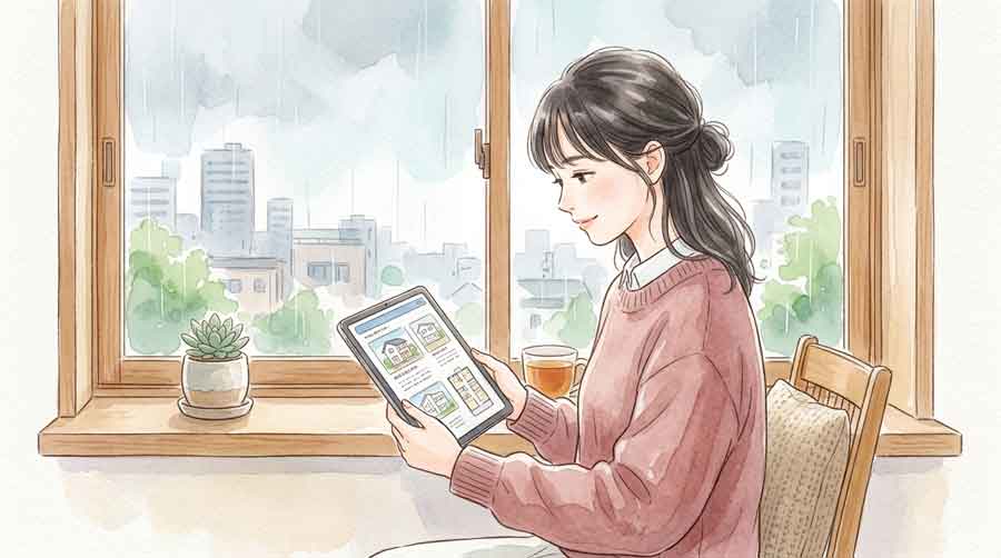 不動産情報をタブレットで見ながら考え込む女性