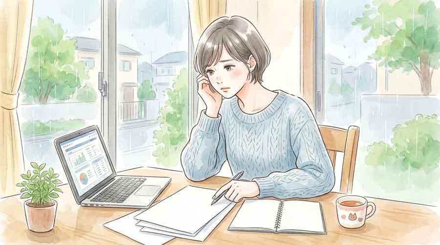 住宅ローンの書類を前に真剣な表情で確認する女性
