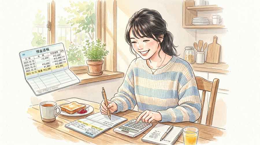 銀行の通帳と電卓を見て嬉しそうな表情をする女性