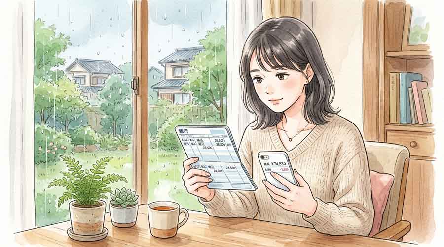 通帳を片手にスマートフォンでニュースを確認する女性、初夏の窓辺