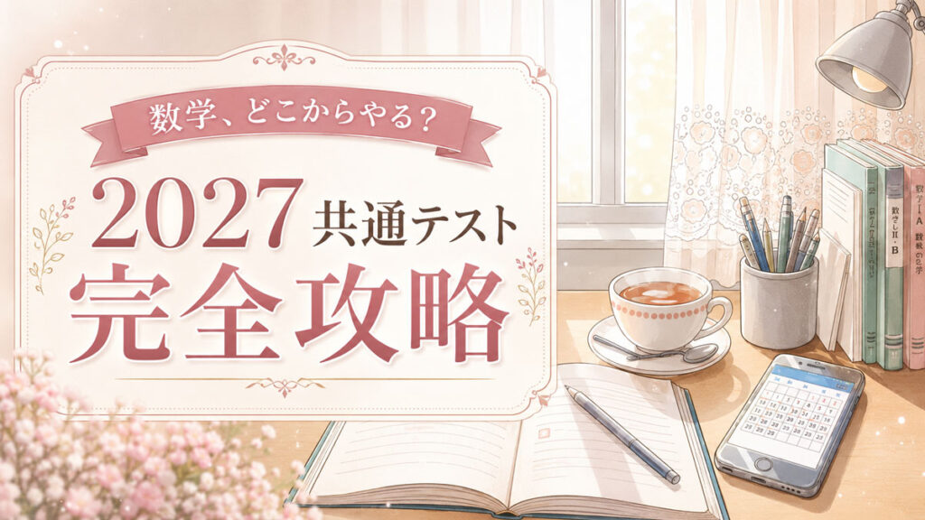 窓辺の受験生の机の上に参考書とハーブティーがのっている。受験生をイメージしたイラスト