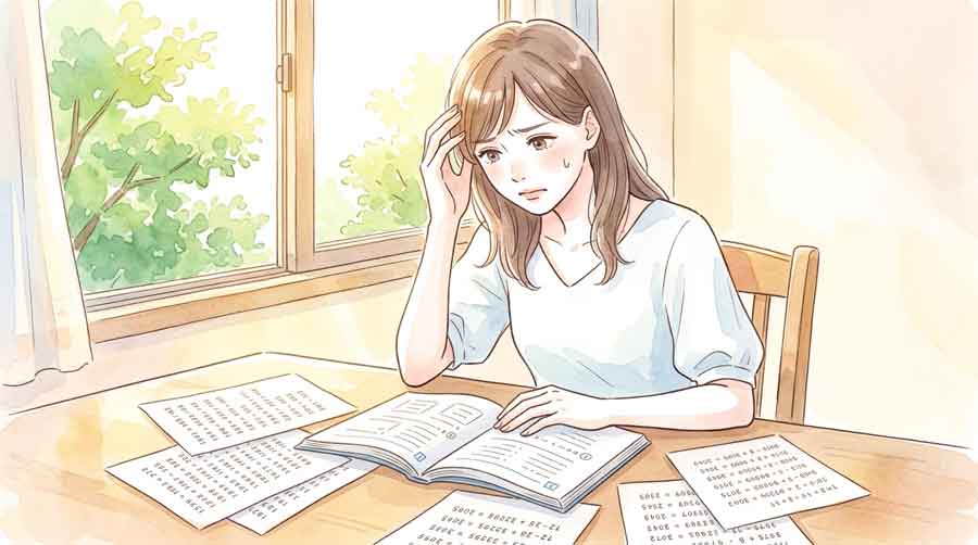 間違えた数学の問題を丸暗記しようとして困惑する女性のイラスト