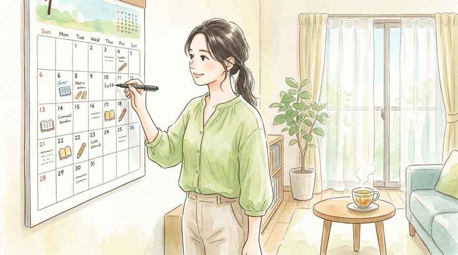 カレンダーを見ながら受験勉強のスケジュールを立てる女性のイラスト