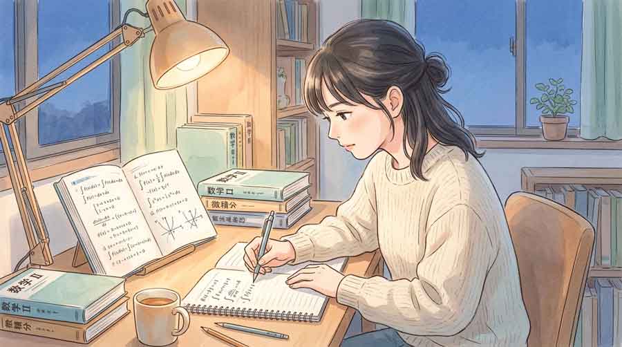 数学の教科書と関数グラフを見ながら考える女性のイラスト