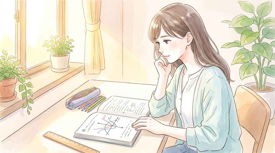 微積分の計算問題を解きながら集中する女性のイラスト
