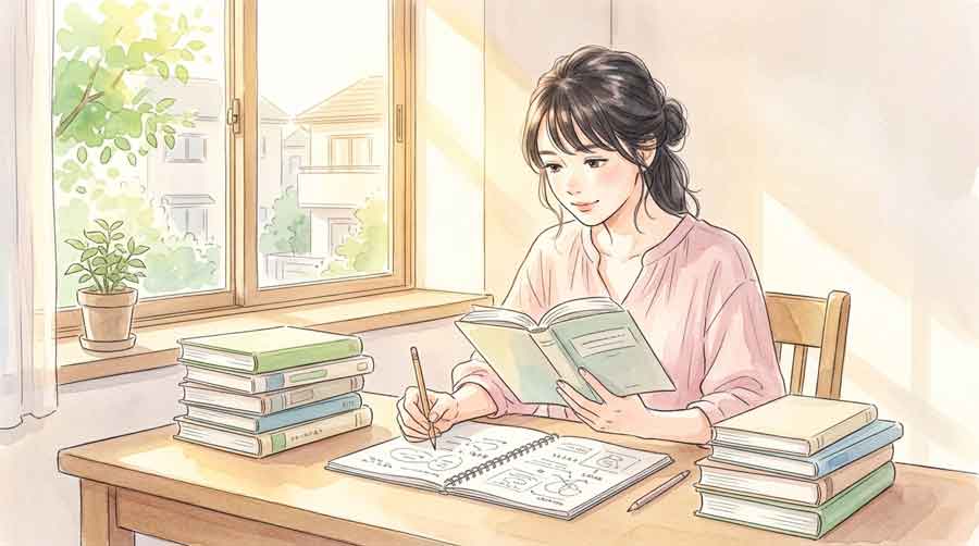 大学入試センターの試験要項を確認しながらノートにメモする女性のイラスト