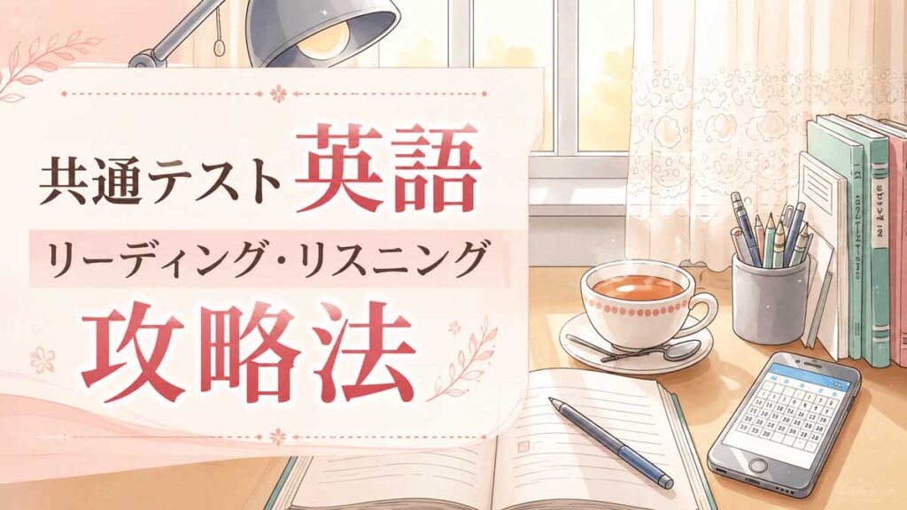 窓辺の受験生の机の上に参考書とハーブティーがのっている。受験生をイメージしたイラスト