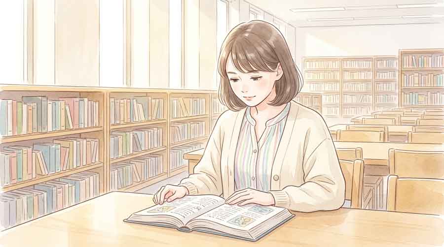 図書館で英語の参考書を広げて集中して勉強している女性のイラスト