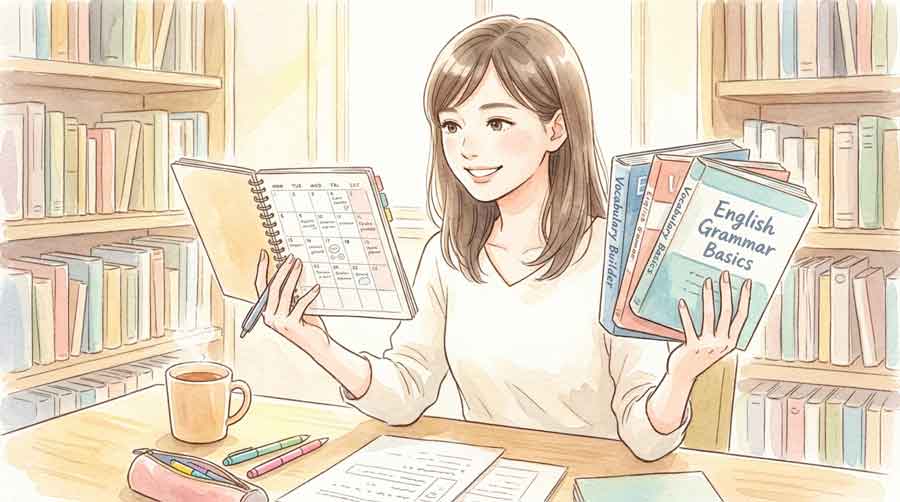カレンダーと参考書を手に勉強スケジュールを立てる女性のイラスト