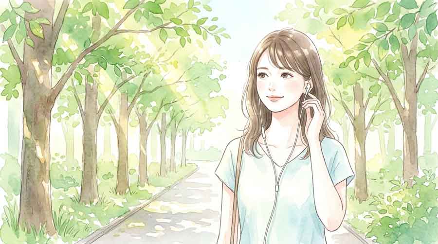英語のリスニング練習のためイヤホンをつけて聴いている女性のイラスト