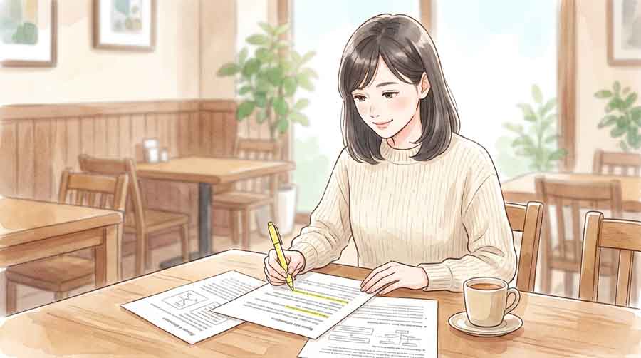 複数の英文資料を広げて比較しながら読む女性のイラスト複数の英文資料を広げて比較しながら読む女性のイラスト