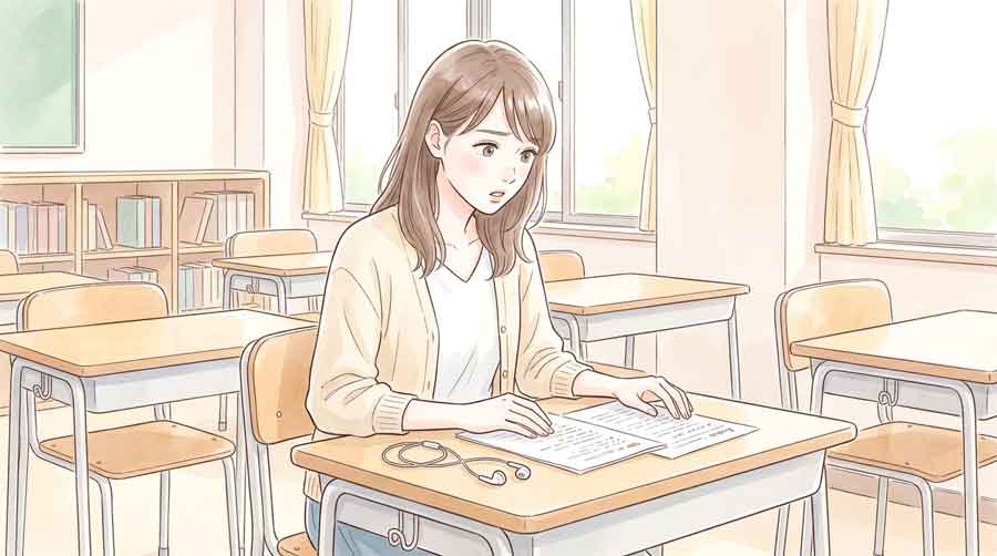  英語の問題用紙とリスニング用イヤホンが並んだ試験デスクのイラスト