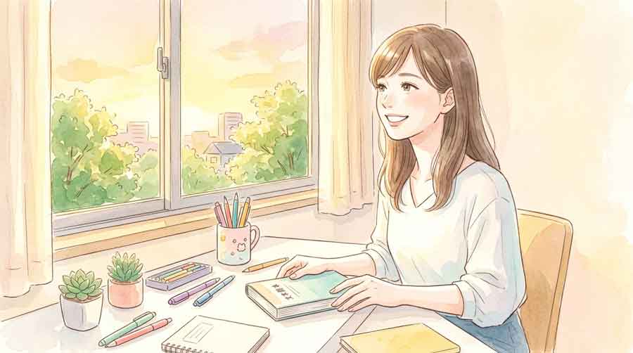 夏の午後に窓辺の勉強机で参考書を広げてノートにメモしている女性