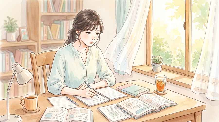  夏の夕方に勉強部屋の机で参考書を閉じて達成感のある表情をする女性