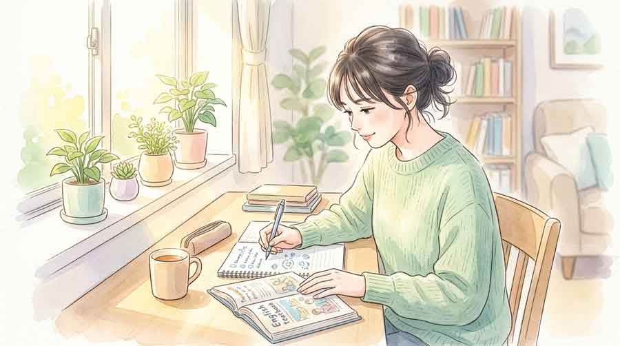 明るい自室の机でノートにメモを取りながら英語の問題を解く女性