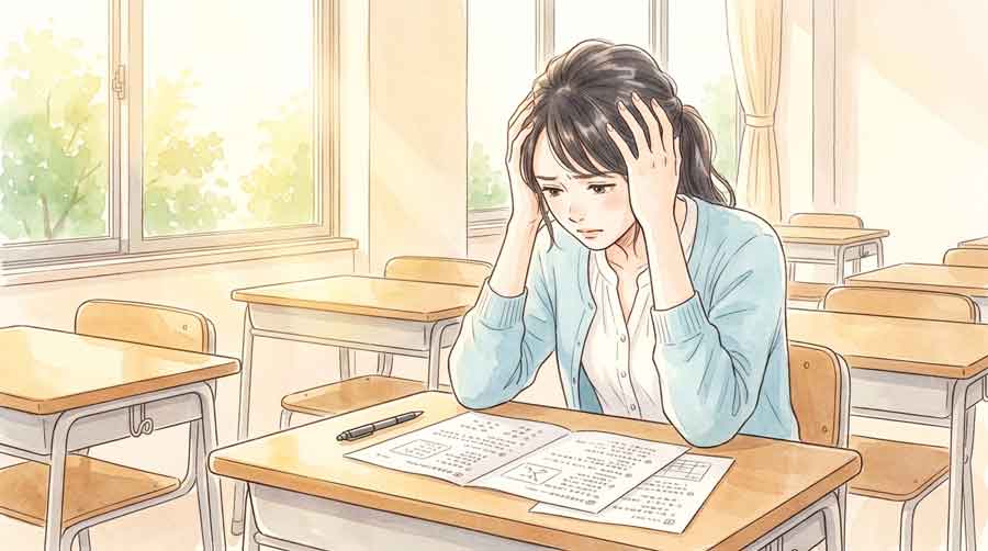  試験会場で問題用紙を前に頭を抱えて焦っている女性