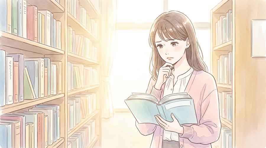 図書館の参考書コーナーで英語の問題集を開いて眉をひそめる女性