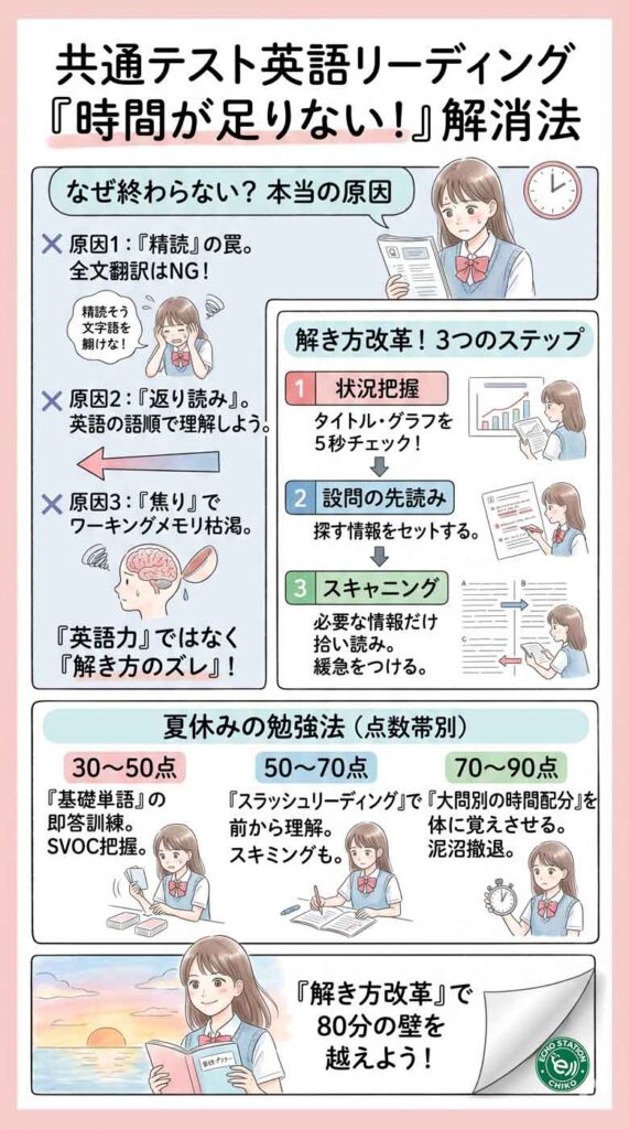 共通テスト英語リーディングが終わらない原因とは？時間が足りない人のための解き方改革インフォグラフ