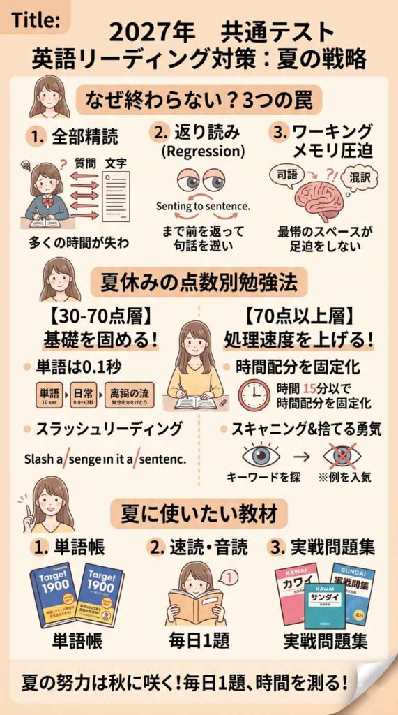 【2027年】共通テスト英語リーディング対策|最後まで読み終わらない原因と夏の勉強法 インフォグラフ